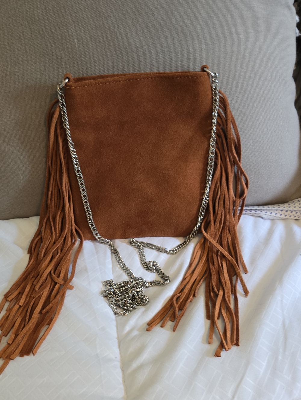 Fringed Suede Crossbody Bag in Brown